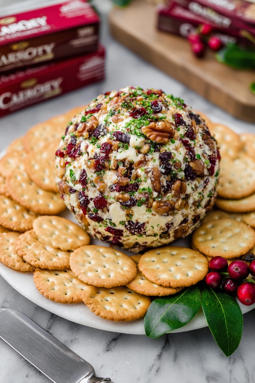A round cheese ball covered in chopped walnuts, dried red cranberries, and green parsley bits sits in the center of a white plate, surrounded by a neat circle of light brown round crackers with holes. Behind the plate are stacked red and white cheese packages and a few green leaves with small red berries on the right side. A silver cheese spreader knife lies in front of the plate on a white marbled surface photo taken with an iphone --ar 2:3 --v 7