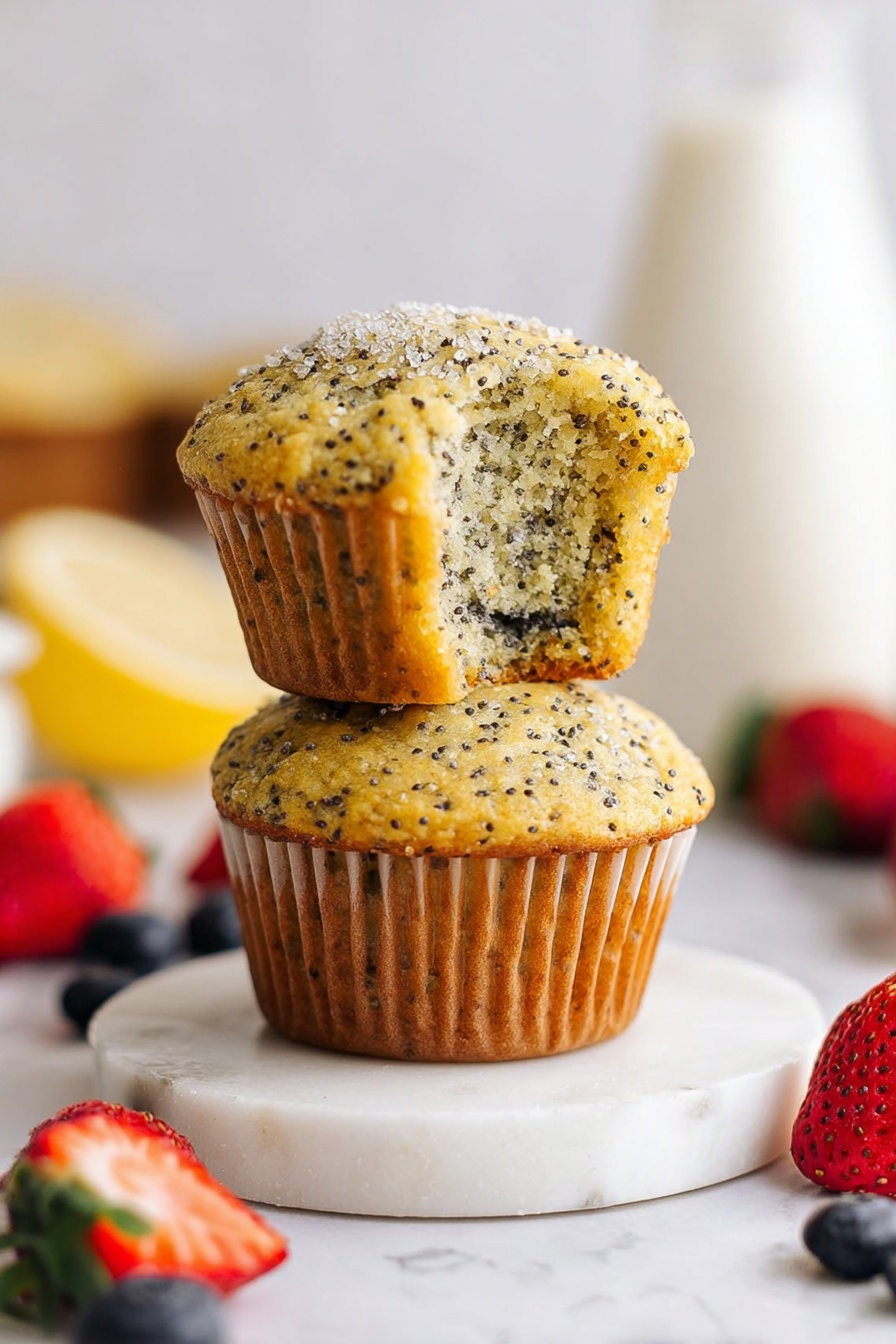Two light golden poppy seed muffins are stacked on a round white marble slab, with the top muffin having a bite taken out showing a soft, moist inside dotted with black poppy seeds. The muffins have a slightly rough texture on top with tiny sugar crystals, and pleated paper liners around their base. Around them on a white marbled surface are scattered fresh blueberries, raspberries, and sliced strawberries, with a glass bottle of milk and a lemon wedge blurred in the soft white background. Photo taken with an iphone --ar 2:3 --v 7