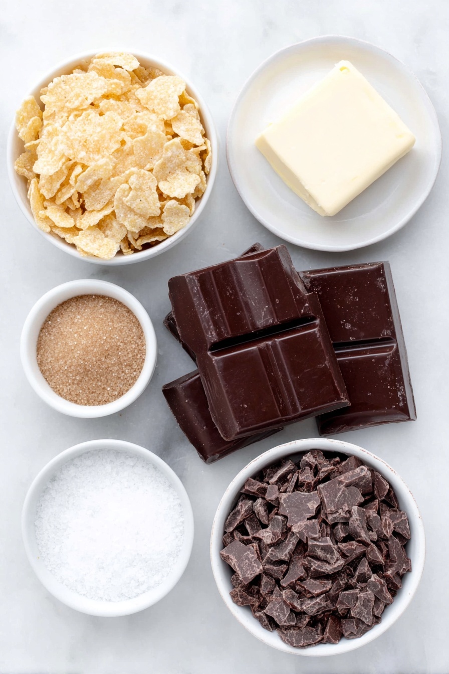 Flat lay of a shallow pile of golden cornflake cereal flakes, a small square of unsalted butter on a simple white ceramic plate, a small white bowl filled with packed light brown sugar, a small white bowl with clear vanilla extract, a small white bowl holding fine white salt, and a mound of roughly chopped glossy dark semisweet chocolate pieces – all arranged symmetrically on a clean white marble surface, soft natural light, photo taken with an iPhone, professional food photography style, fresh ingredients, white ceramic bowls, no bottles, no duplicates, no utensils, no packaging --ar 2:3 --v 7 --p m7354615311229779997