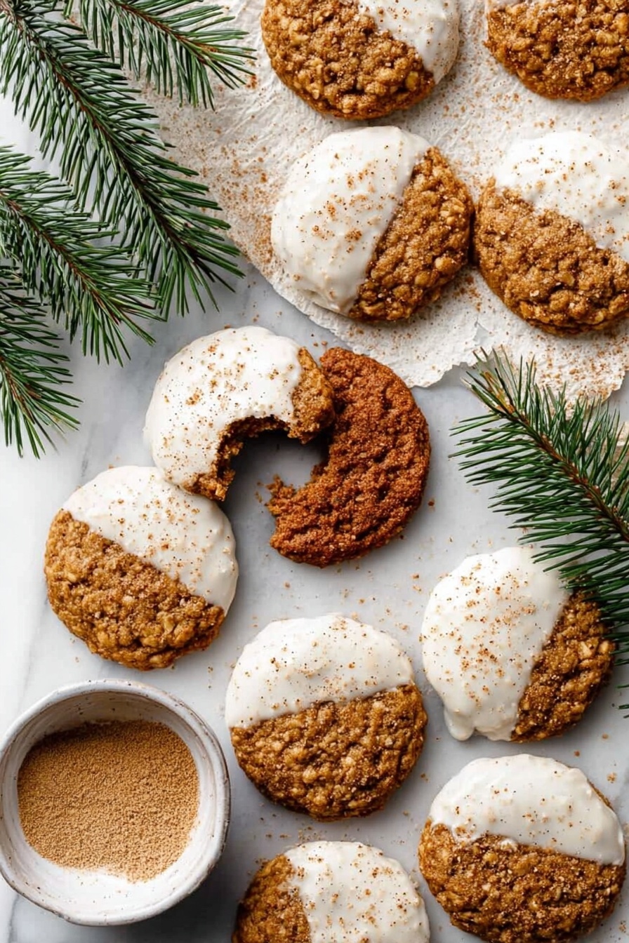 The image shows many round oatmeal cookies on a white marbled surface, some of them half dipped in white icing sprinkled with light brown spices, giving a rough texture contrast between the soft icing and the crumbly cookie. A few cookies have small bites taken out of them, revealing a dense, slightly chewy inside. Green pine branches are placed around the cookies for decoration, adding a natural touch of color. Below the cookies is a small white bowl filled with a light brown ground spice. photo taken with an iphone --ar 2:3 --v 7