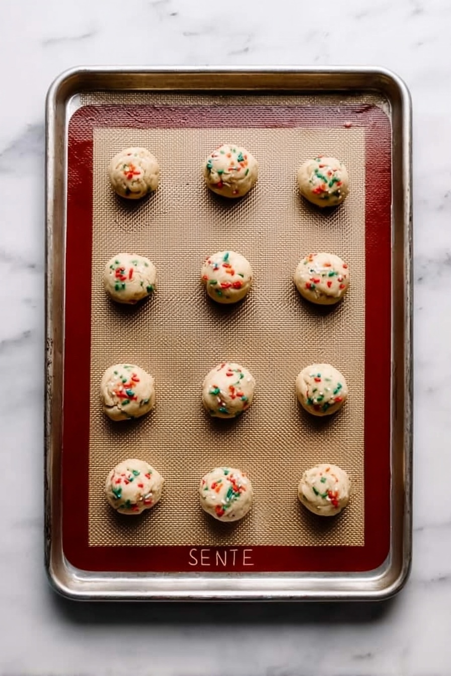 A metal baking tray sits on a white marbled surface, lined with a brown silicone baking mat. On the mat, there are fifteen evenly spaced dough balls arranged in three rows of five. Each dough ball is light beige in color with small bits of red and green sprinkled on top, giving a festive look. The texture of the dough balls is smooth and round. The overall scene is simple and tidy, focused on the neatly placed dough balls. Photo taken with an iphone --ar 2:3 --v 7
