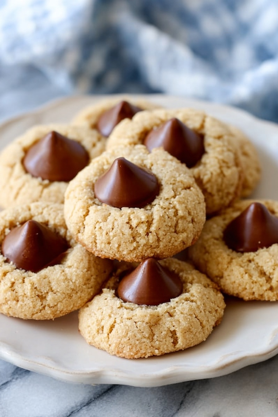 The image shows a white plate with seven light golden brown cookies. Each cookie is round with a rough, slightly cracked surface and has a single milk chocolate drop pressed into its center. The cookies are arranged in a loose pile, sitting on a white marbled surface. The background includes a light blue and white checkered cloth that is softly out of focus. The overall look is warm and inviting, with a clear contrast between the light cookie dough and the darker chocolate tips. Photo taken with an iphone --ar 2:3 --v 7