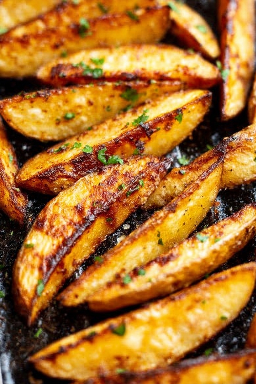 This image shows many thick potato wedges cooked with a golden-brown crispy skin. They have small green chopped herbs sprinkled on top, adding a fresh touch. The wedges are placed on a grill pan with dark grill lines and some charred spots that show a nicely roasted texture. The wedges are arranged in many layers, overlapping slightly with one another, filling mostly the whole frame. The background is a white marbled texture. photo taken with an iphone --ar 2:3 --v 7