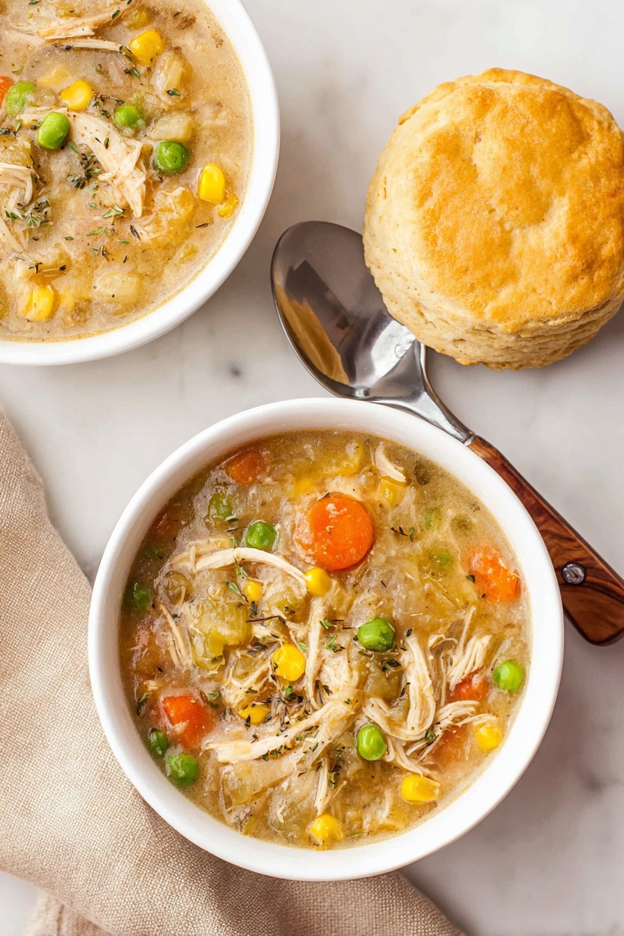 The image shows two white bowls filled with thick chicken and vegetable soup. The soup has visible shredded chicken mixed with bright green peas, yellow corn, and orange carrot pieces in a clear broth with herbs. One bowl is fully open showing the colorful mix inside, while the other bowl is topped with a round, golden-brown biscuit that looks soft and slightly fluffy. A silver spoon with a wooden handle rests beside the bowls on a white marbled surface with a beige cloth napkin nearby. Photo taken with an iphone --ar 2:3 --v 7