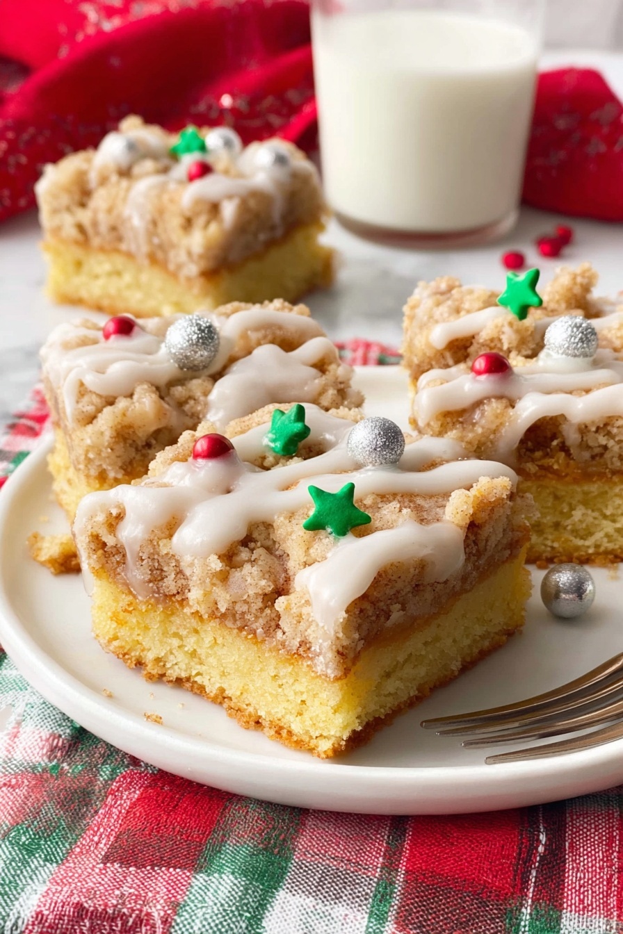 The image shows a white plate with three square pieces of crumb cake on a white marbled surface. Each cake has three layers: a light golden yellow bottom layer with a soft, fluffy texture, a middle layer of light brown cinnamon filling, and a crumbly topping of light brown streusel. The top is drizzled with smooth white icing and decorated with small silver balls and red and green star-shaped sprinkles. Behind the plate, there is a clear glass of milk and a red cloth with a white and green checkered pattern. A silver fork is placed near the plate. Photo taken with an iphone --ar 2:3 --v 7