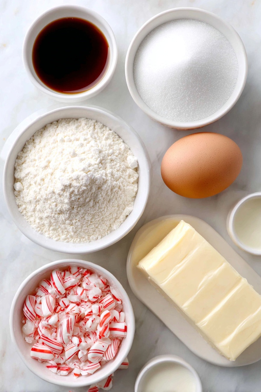 Flat lay of a small block of unsalted butter, a small bowl of fine confectioners' sugar, a single whole egg with a clean shell, a small white bowl of clear vanilla extract, a small white bowl of clear peppermint extract, a small white bowl of smooth milk, a small mound of all-purpose flour, a small mound of cornstarch, a small pile of baking powder, a small pile of fine salt, and a small white bowl filled with crushed red and white candy canes, all arranged symmetrically on a clean white marble surface, soft natural light, photo taken with an iPhone, professional food photography style, fresh ingredients, white ceramic bowls, no bottles, no duplicates, no utensils, no packaging --ar 2:3 --v 7 --p m7354615311229779997
