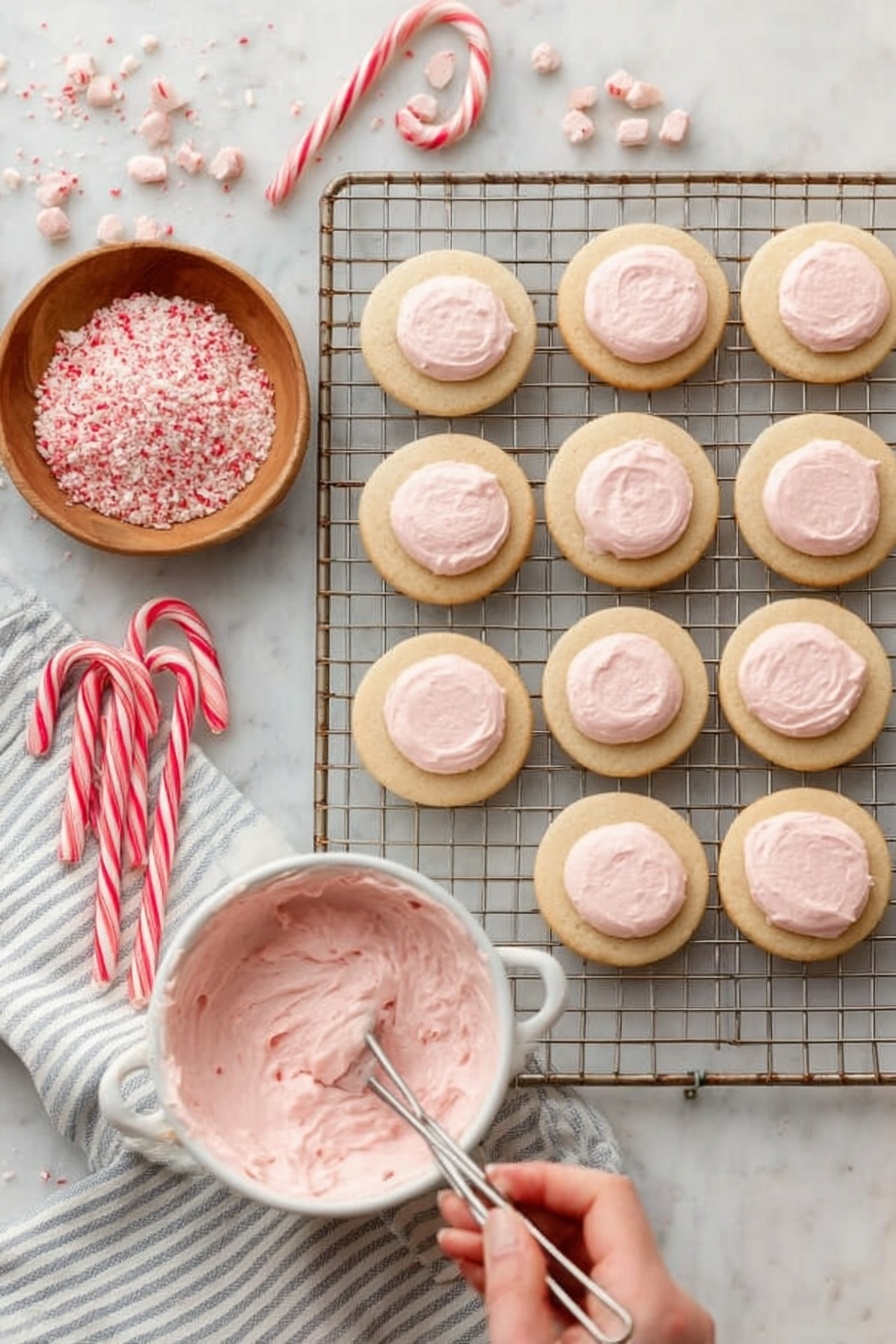 The image shows a white marbled surface with a cooling rack filled with two rows of plain round cookies at the bottom and one row of cookies at the top spread with light pink frosting that has a creamy, smooth texture. Next to the rack, there is a woman's hand holding a small metal spatula that is spreading the same pink frosting from a white bowl with a handle. To the left side, there is a small wooden bowl filled with crushed pink candy and two red-and-white striped candy canes resting on a white towel with thin gray stripes. The whole setup is bright and neat, with soft natural light coming from the top left. Photo taken with an iphone --ar 2:3 --v 7