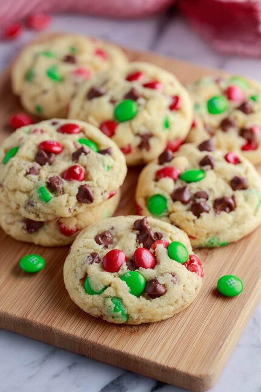 The image shows a group of six round cookies on a light wooden board placed on a white marbled surface. Each cookie is thick with a soft texture and is filled with colorful red and green candy pieces and small brown chocolate chips scattered evenly across the cookie surface. The cookies have a slightly cracked top showing a soft inside. There are a few extra candies placed around the cookies on the wooden board. The background is softly blurred with pink and white hues. photo taken with an iphone --ar 2:3 --v 7