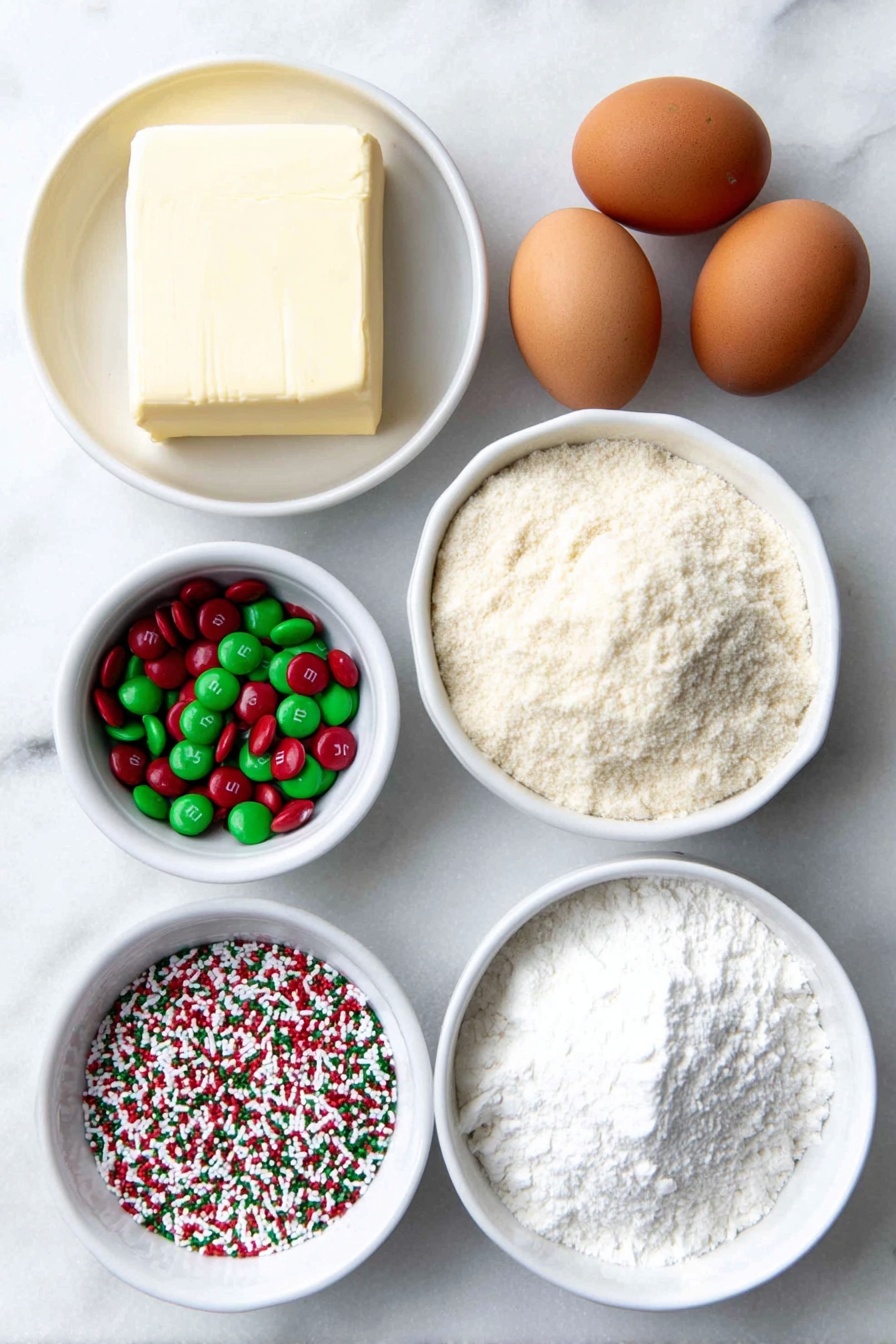 Flat lay of a small slab of unsalted butter, two large brown eggs with clean shells, a small white ceramic bowl filled with packed brown sugar, a small white ceramic bowl holding golden all-purpose flour, a small white ceramic bowl containing colorful Christmas M&M candies, a small white ceramic bowl with red, green, and white Christmas sprinkles (jimmies), and a small white ceramic bowl with clear vanilla extract, all arranged symmetrically on a clean white marble surface, soft natural light, photo taken with an iPhone, professional food photography style, fresh ingredients, white ceramic bowls, no bottles, no duplicates, no utensils, no packaging --ar 2:3 --v 7 --p m7354615311229779997