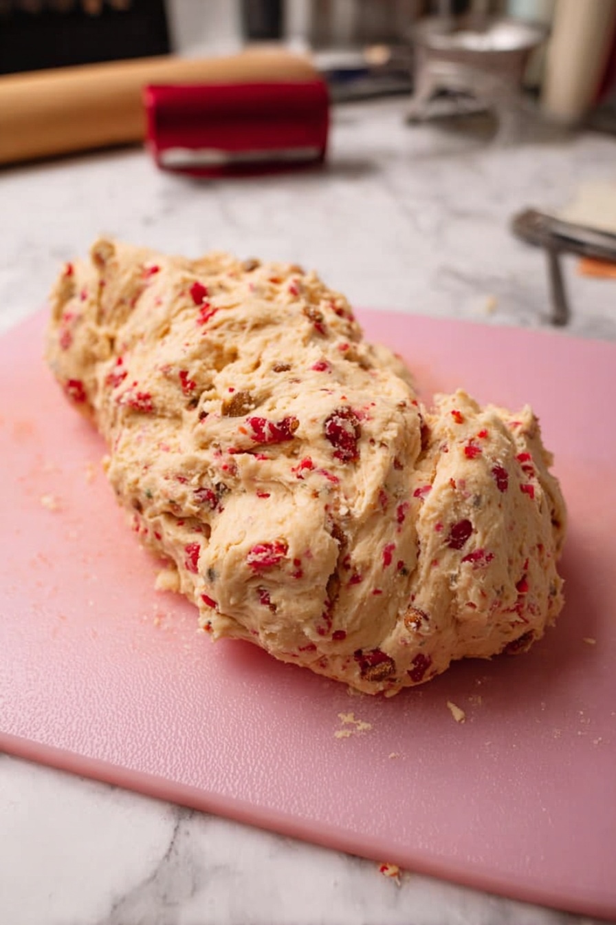 The image shows several round cookies on a sheet of parchment paper. Each cookie is light beige with a slightly cracked surface and has visible pieces of bright red cherries and small walnut chunks dispersed throughout. The cookies are thick with a soft texture, and the red cherry pieces add strong color contrast against the pale dough. The cookies are placed close together but not touching, and the background is a white marbled texture. photo taken with an iphone --ar 2:3 --v 7