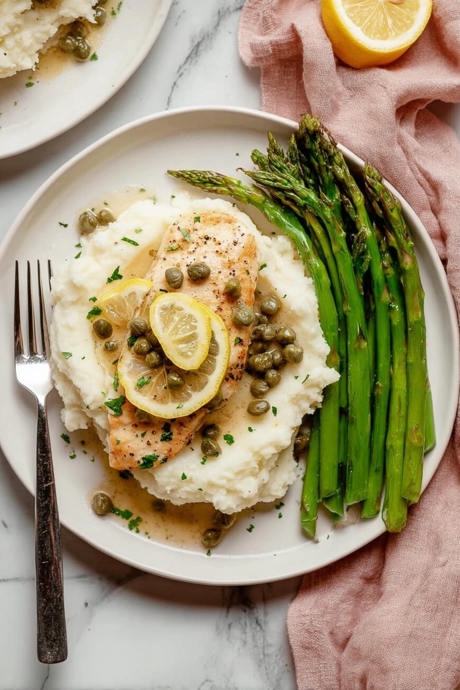 A white plate filled with three main layers: a base of fluffy white mashed potatoes sprinkled lightly with chopped green herbs, topped by a golden light brown cooked chicken piece covered with small green capers and garnished with a thin pale yellow lemon slice; to the right side of the plate, a neat bundle of long green asparagus stalks with a slight shine, all placed on a white marbled surface with a fork on the left edge of the plate and a pale pink cloth visible under the right edge, photo taken with an iphone --ar 2:3 --v 7