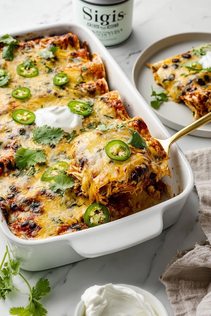 The image shows two white plates with a thick, square slice of a layered casserole dish. The base layer is light golden with a soft texture, topped by a layer of melted cheese mixed with chopped green herbs and black beans. On top, there is a dollop of white sour cream, slices of bright green avocado, and fresh green jalapeño rings scattered around. Small bits of chopped red onion and fresh cilantro leaves are sprinkled over the dish. One plate has a gold fork resting on the edge, and a few fresh cilantro sprigs lie on the white marbled surface around the plates. Nearby, there are small white bowls holding extra sour cream and diced red onions. Photo taken with an iphone --ar 2:3 --v 7