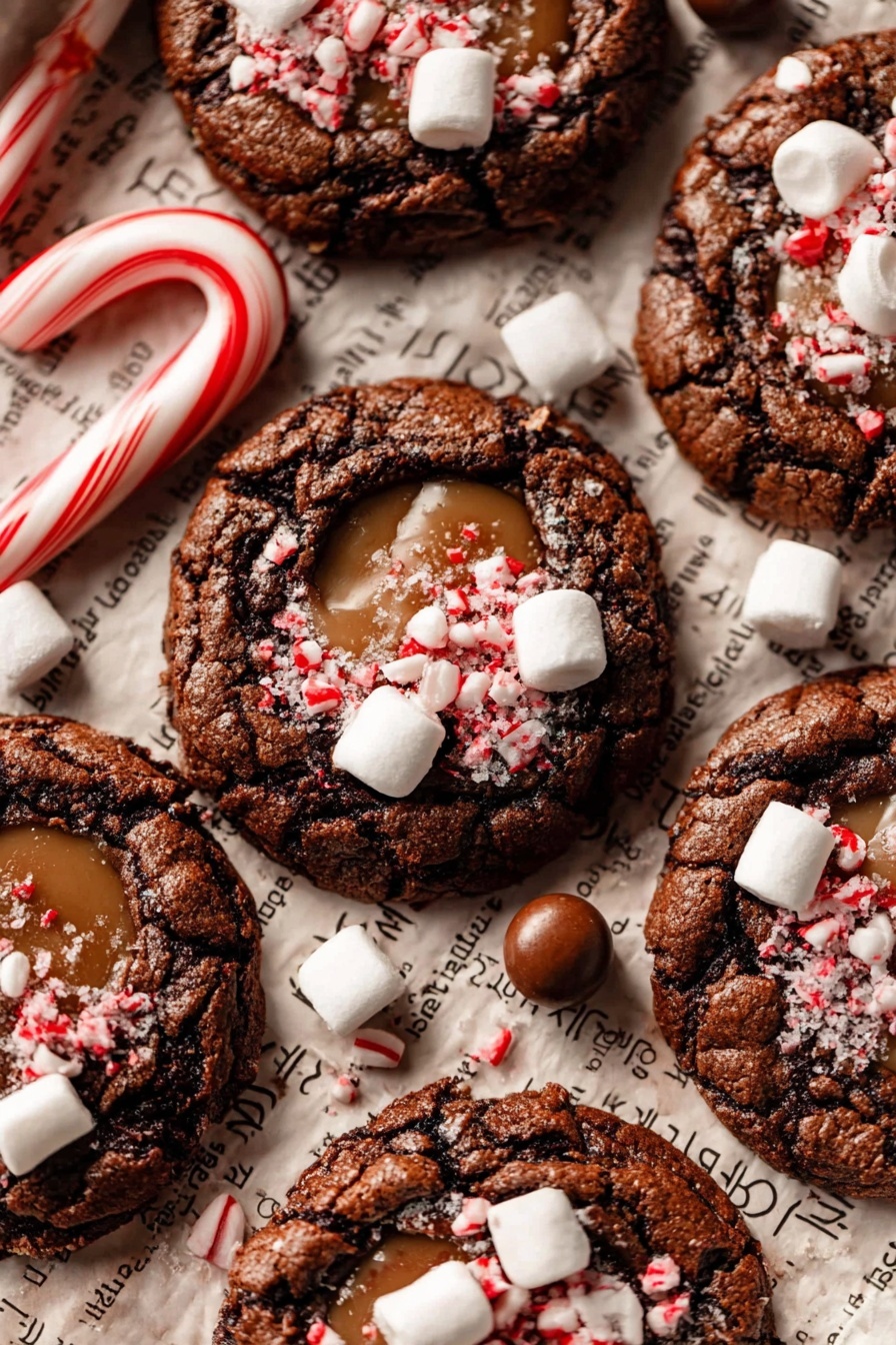 The image shows dark brown chocolate cookies laid on a sheet of parchment paper with printed text. Each cookie has a soft, shiny caramel center surrounded by a textured, crackled chocolate cookie layer. On top of the cookies are small white mini marshmallows and tiny pieces of crushed red-and-white candy canes scattered evenly, adding a festive touch. Two whole peppermint candy canes and a round chocolate candy are placed among the cookies. The background surface is a white marbled texture. photo taken with an iphone --ar 2:3 --v 7