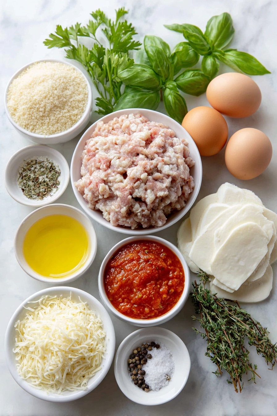 Flat lay of fresh ground chicken in a simple white ceramic bowl, a small white bowl of seasoned breadcrumbs, a small white bowl of panko crumbs, a small white bowl of grated parmesan cheese, two whole brown eggs with clean shells, a small white bowl holding freshly grated onion, three peeled garlic cloves, a small pile of dried oregano leaves, a small pile of dried thyme leaves, a small pile of kosher salt crystals, a small pile of black peppercorns, a few sprigs of fresh parsley, a small white bowl with golden olive oil, a small white bowl filled with vivid red San Marzano tomato sauce, several torn slices of fresh white mozzarella cheese, and a few fresh bright green basil leaves, all evenly spaced and symmetrically arranged on a clean white marble surface, soft natural light, photo taken with an iPhone, professional food photography style, fresh ingredients, white ceramic bowls, no bottles, no duplicates, no utensils, no packaging --ar 2:3 --v 7 --p m7354615311229779997