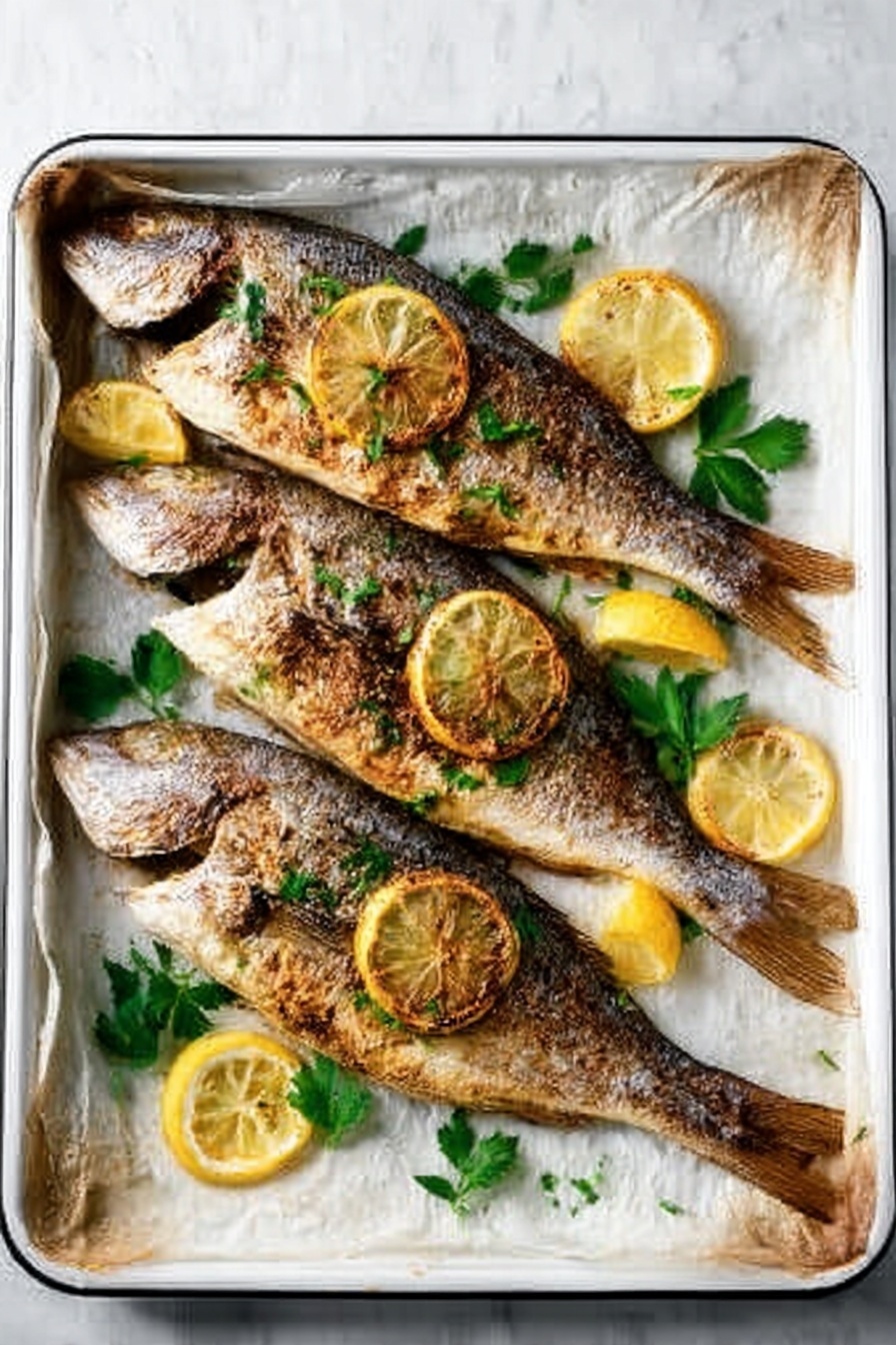 Two whole roasted fish with crispy brown skin are placed side by side on a white oval plate. The fish are topped with golden, crumbly bits, some melted butter, and small dark spots of char. Several thin, light yellow lemon slices rest on and around the fish, adding brightness to the dish. Bright green fresh parsley leaves are scattered on the fish and plate for a fresh touch. To the upper right of the plate is a small white bowl with a chunky green sauce. The plate sits on a white marbled surface, with a gray cloth napkin partly visible near the top left. Photo taken with an iphone --ar 2:3 --v 7